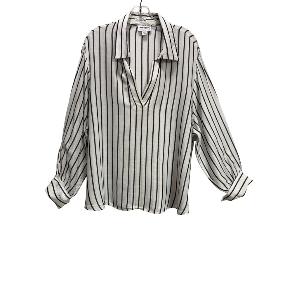For The Republic Striped Blouse Women 2X White Black EUC Work V-Neck Rayon Top